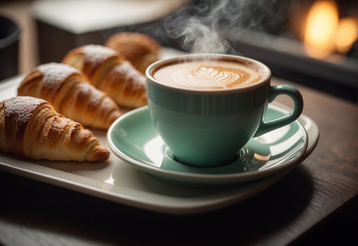 A steaming tea latte sits next to a plate of pastries, creating a cozy and inviting scene