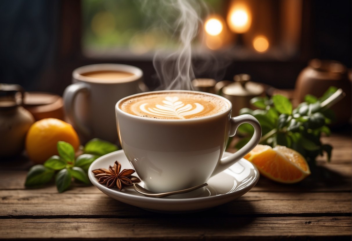 A steaming cup of tea latte sits on a rustic wooden table, surrounded by fresh ingredients and a cozy atmosphere