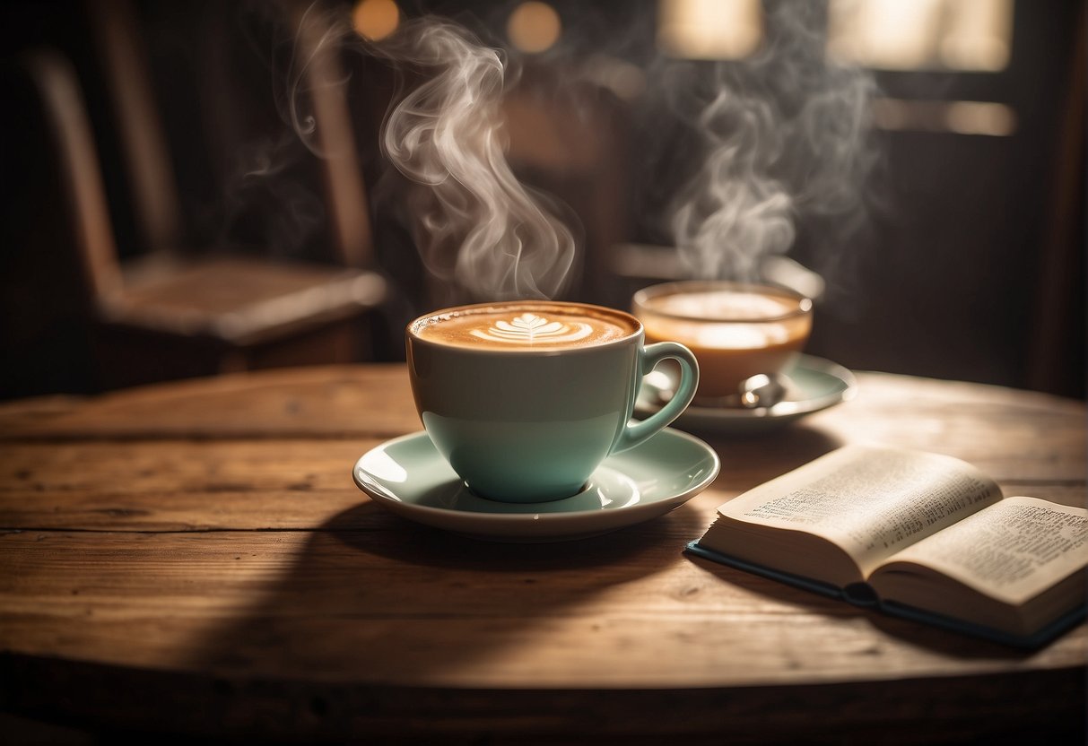 A steaming tea latte sits on a rustic wooden table, surrounded by cozy armchairs and soft lighting, with a book and a pair of glasses nearby