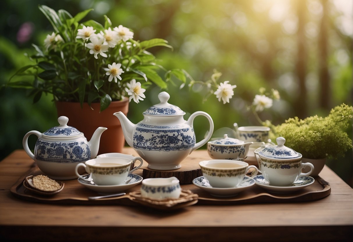 A table set with various teapots, cups, and tea accessories, surrounded by lush greenery and blooming flowers, with a banner reading "Global Observance National Tea Day."