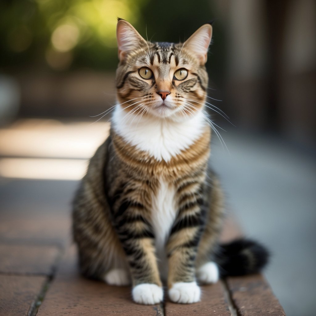 A cat sits with ears forward, tail up, and relaxed body.</p><p>Eyes are half-closed and blinking slowly.</p><p>Mouth is slightly open in a relaxed manner