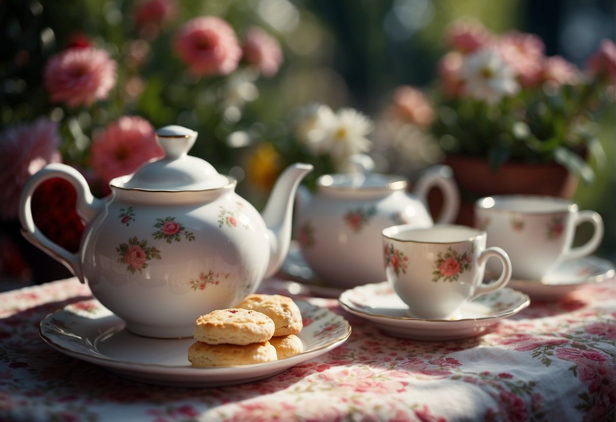 A steaming teapot sits on a floral tablecloth, surrounded by delicate teacups and saucers. A stack of scones and a jar of jam complete the cozy scene