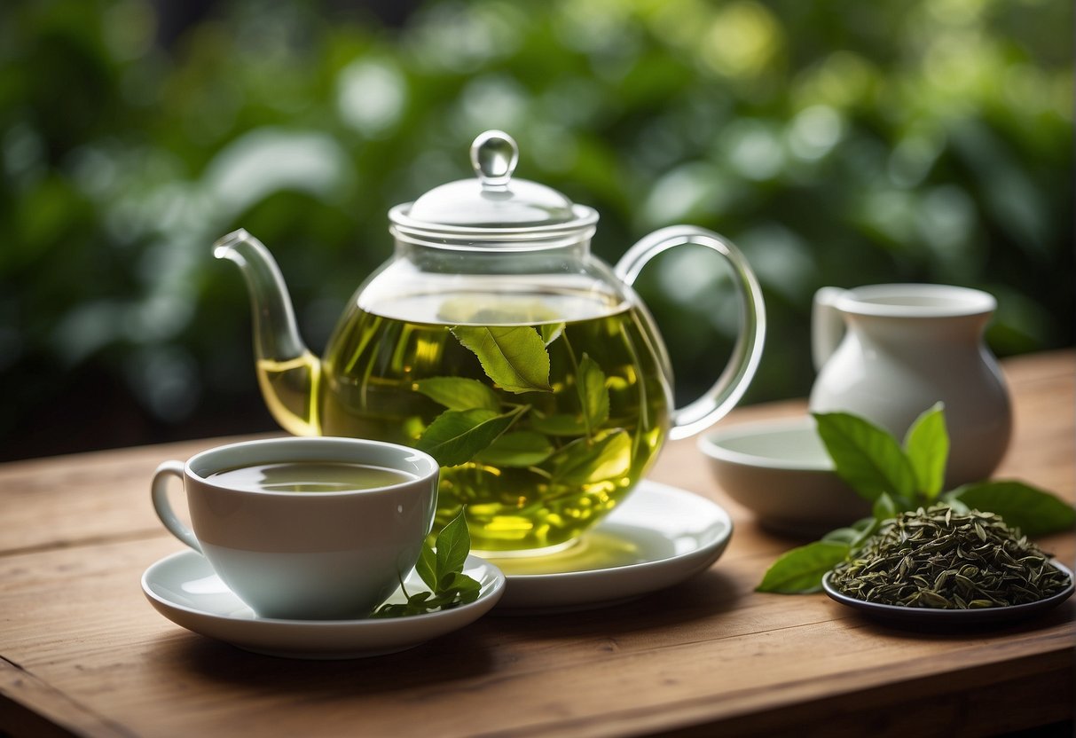A steaming cup of green tea with a hint of lemon sits on a wooden table, surrounded by fresh green tea leaves and a teapot