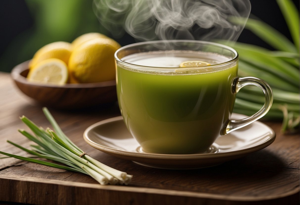 A steaming cup of lemongrass tea sits on a wooden table, surrounded by fresh lemongrass stalks and a slice of lemon. The warm, aromatic steam rises from the cup, creating a sense of comfort and relaxation