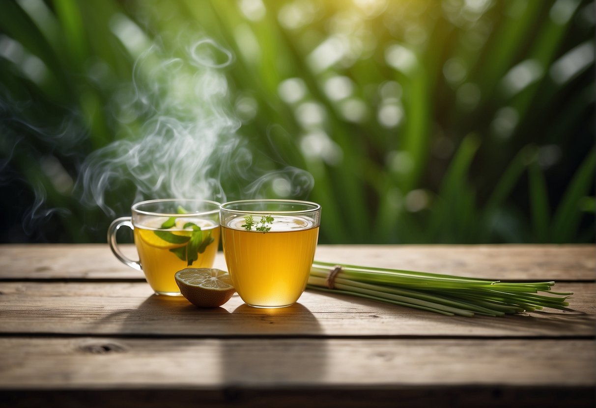 A steaming cup of lemongrass tea sits on a rustic wooden table, surrounded by fresh lemongrass stalks and vibrant green leaves. The aroma of the tea fills the air, evoking a sense of calm and well-being