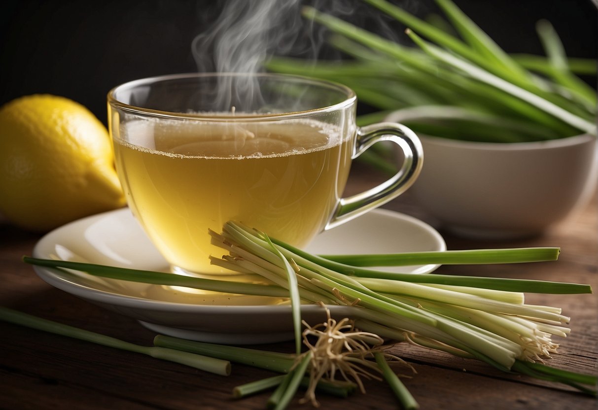 A steaming cup of lemongrass tea surrounded by fresh lemongrass stalks and vibrant, healthy hair and skin