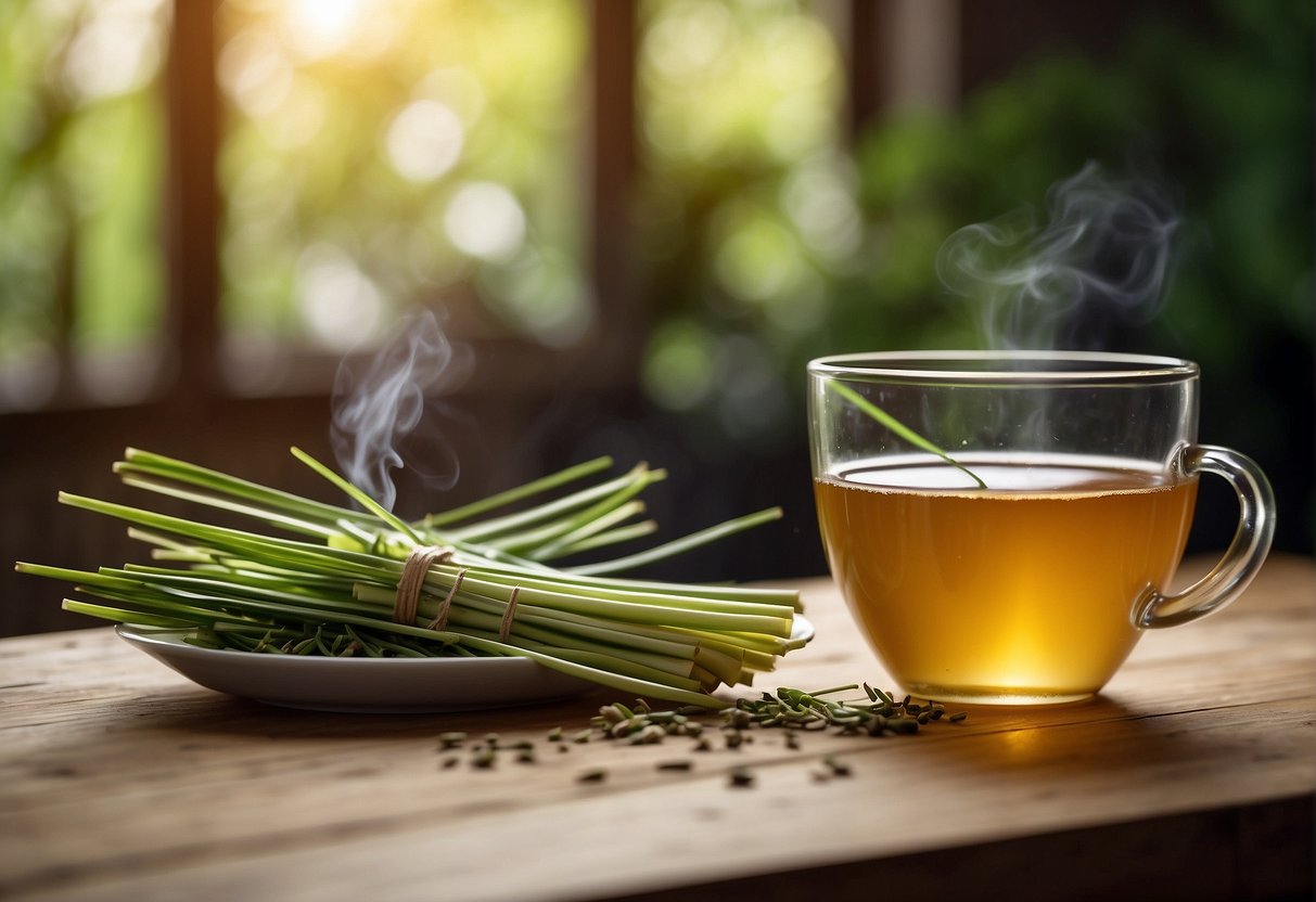 Lemongrass tea regulates blood sugar. A steaming cup sits on a wooden table, surrounded by fresh lemongrass stalks and a blood sugar monitor