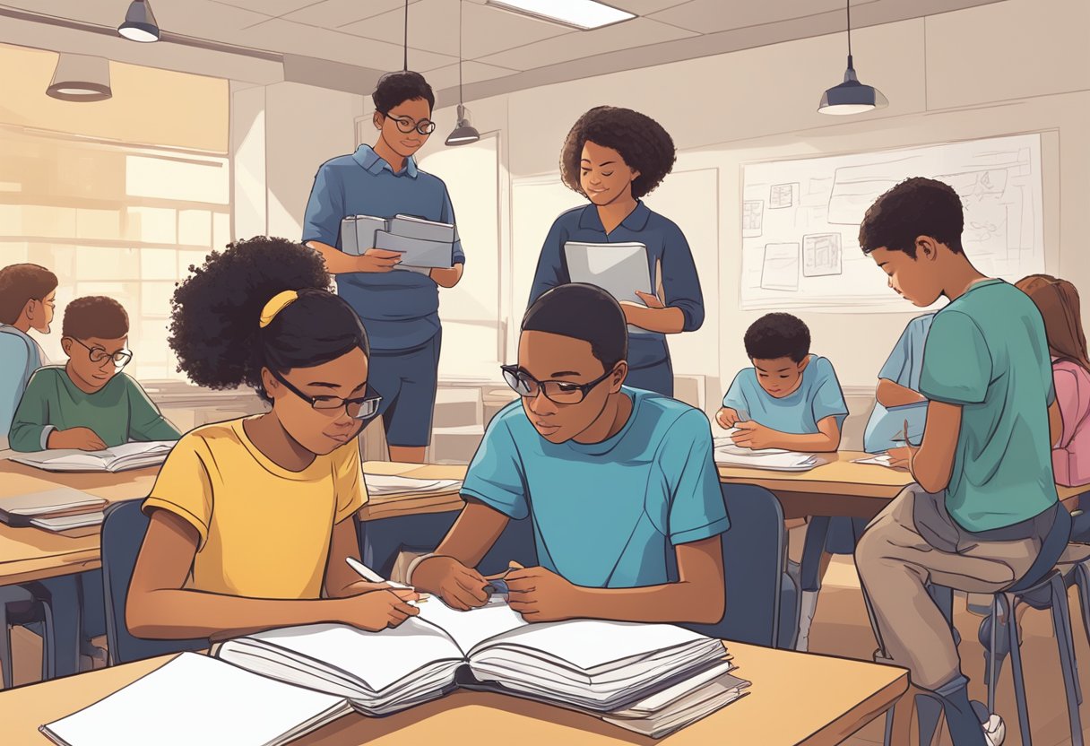 A group of students engage in problem-based tasks, while an educator observes and assesses their learning