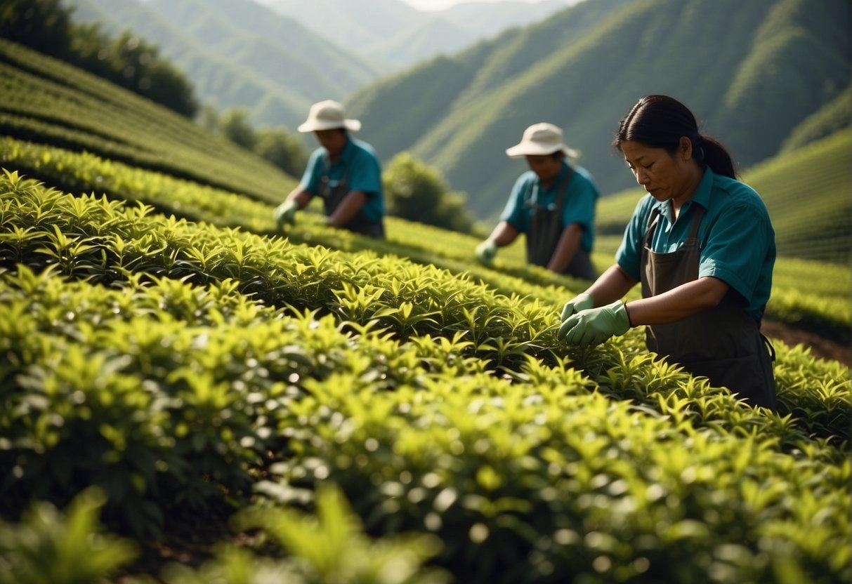 A serene mountainside with lush green tea fields, where workers carefully pluck delicate yellow tea leaves under the warm sun