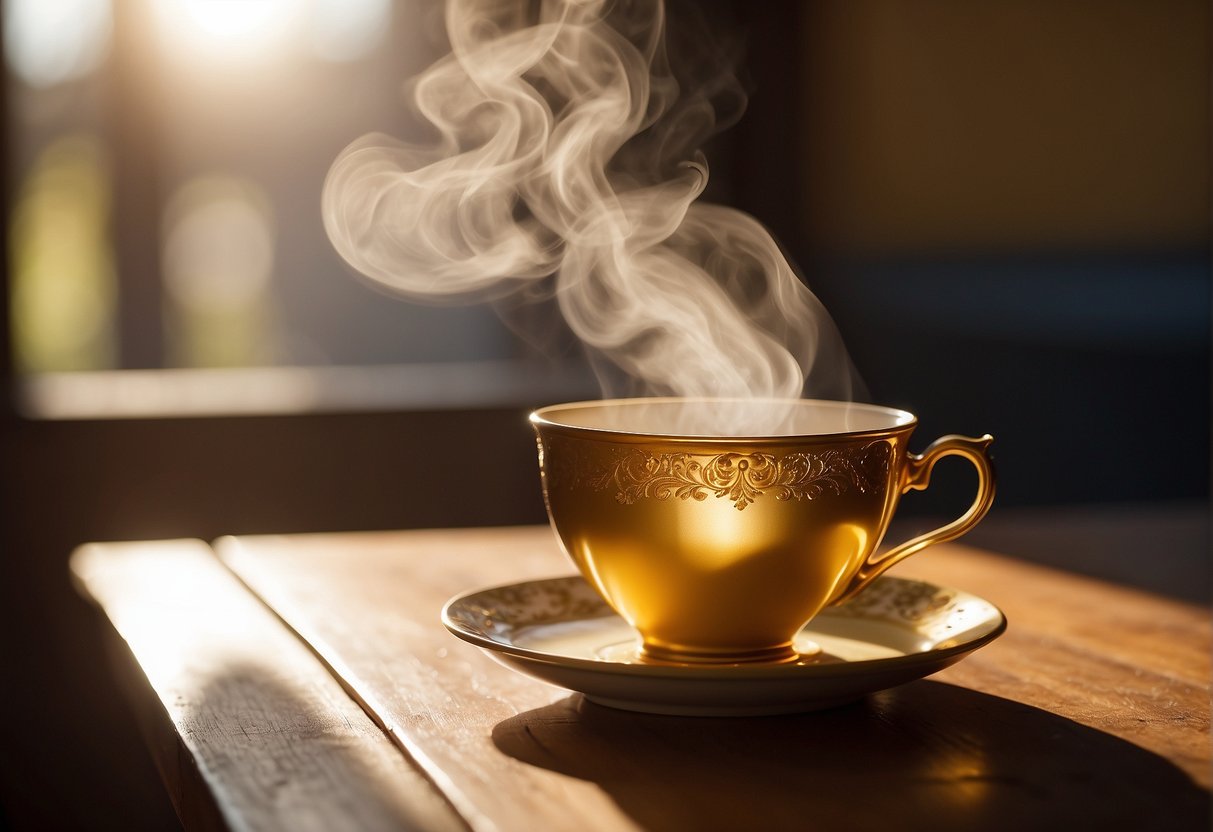 A golden teacup sits on a wooden table, steam rising from the fragrant brew. Sunlight filters through a window, casting a warm glow on the delicate, yellow-hued tea