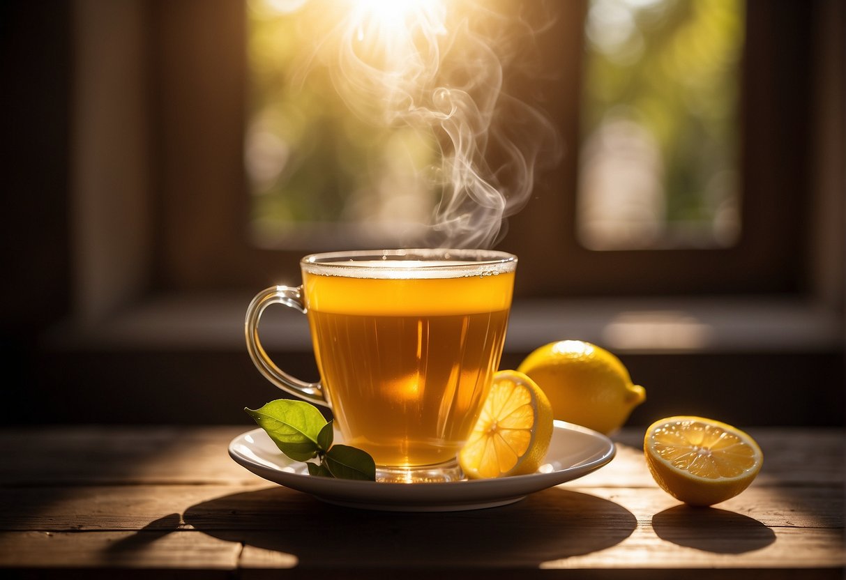 A steaming cup of yellow tea surrounded by fresh lemons, ginger, and honey on a wooden table. Sunlight streams through a window, casting a warm glow on the scene
