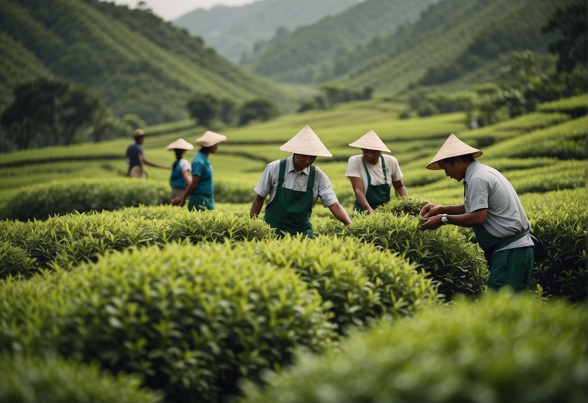 A lush green tea plantation with workers carefully tending to the tea bushes, surrounded by clean waterways and wildlife