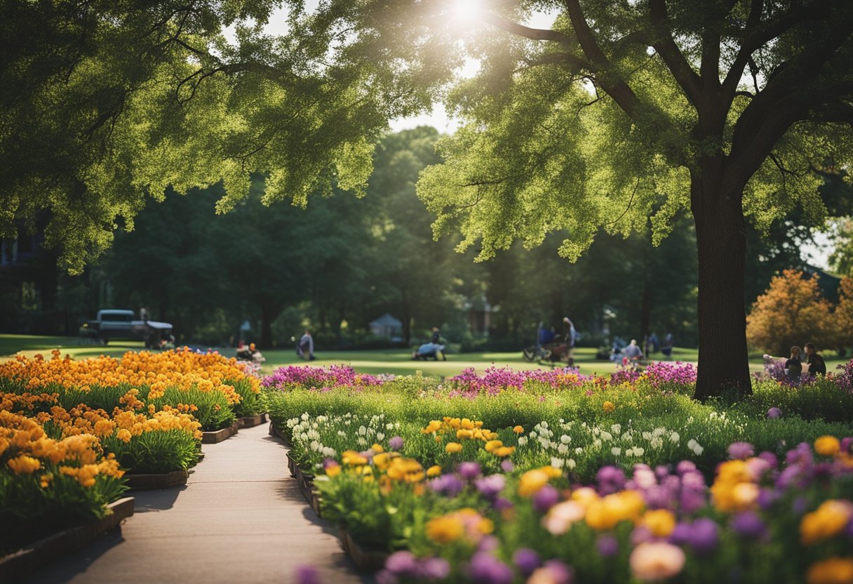 Colorful flowers bloom in Spring Hill, TN. Families picnic in the park, children play on the playground, and couples stroll along the tree-lined paths