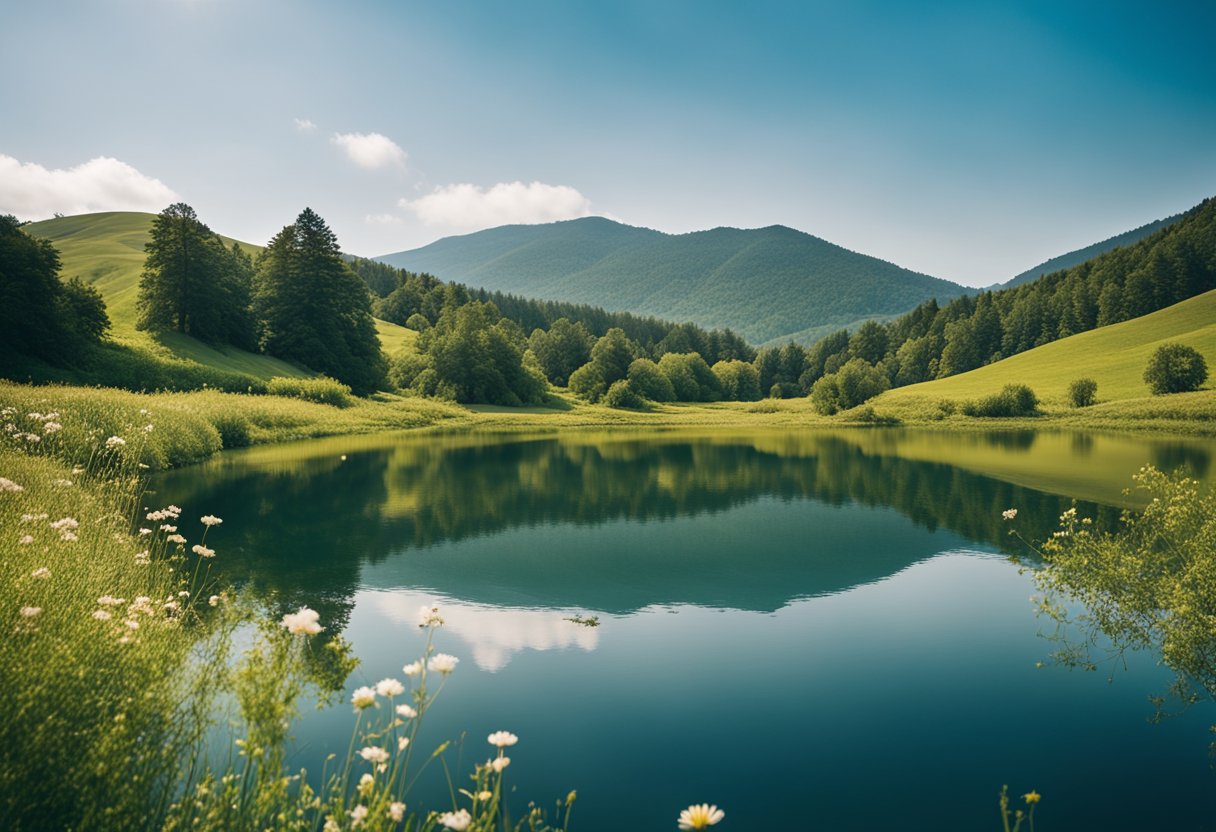 A serene lake with a backdrop of rolling hills, surrounded by lush greenery and vibrant wildflowers, with a clear blue sky overhead