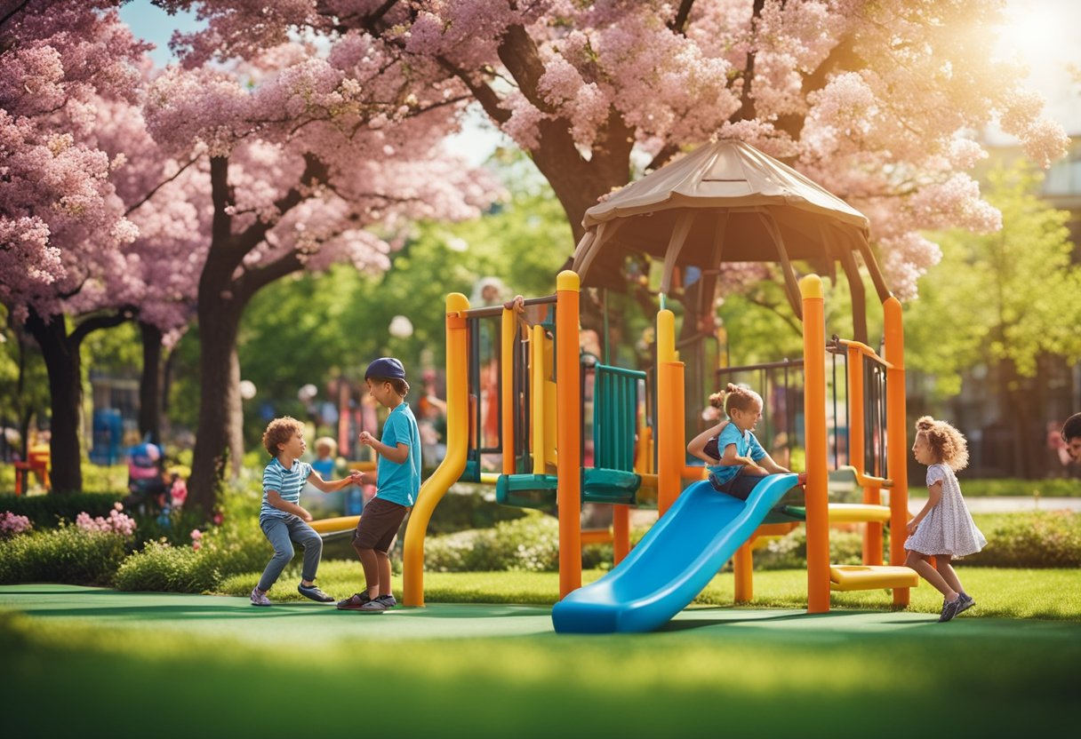 Children playing in a colorful playground, surrounded by blooming flowers and green trees. Parents chatting on nearby benches, enjoying the sunny spring day