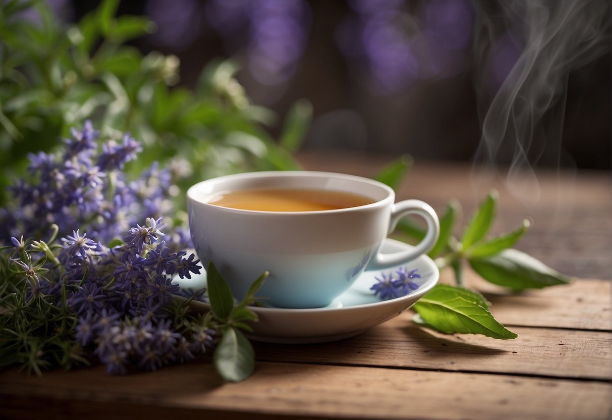 A steaming cup of hyssop tea sits on a wooden table, surrounded by fresh hyssop leaves and flowers. The warm, inviting aroma wafts through the air, promising a soothing and healing experience