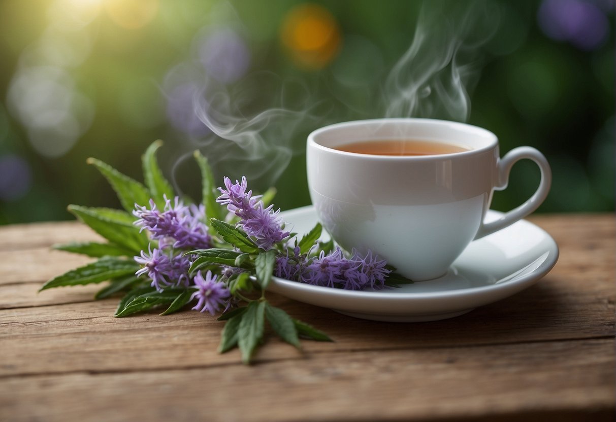 A steaming cup of hyssop tea sits on a wooden table, surrounded by fresh hyssop leaves and flowers. The warm aroma of the tea fills the air