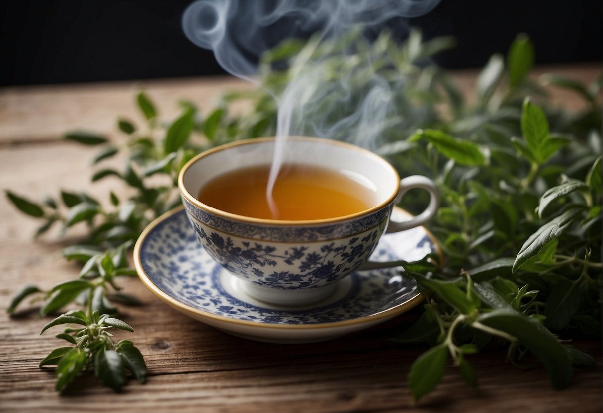 A steaming cup of hyssop tea sits on a wooden table, surrounded by scattered hyssop leaves and flowers. A gentle wisp of steam rises from the cup