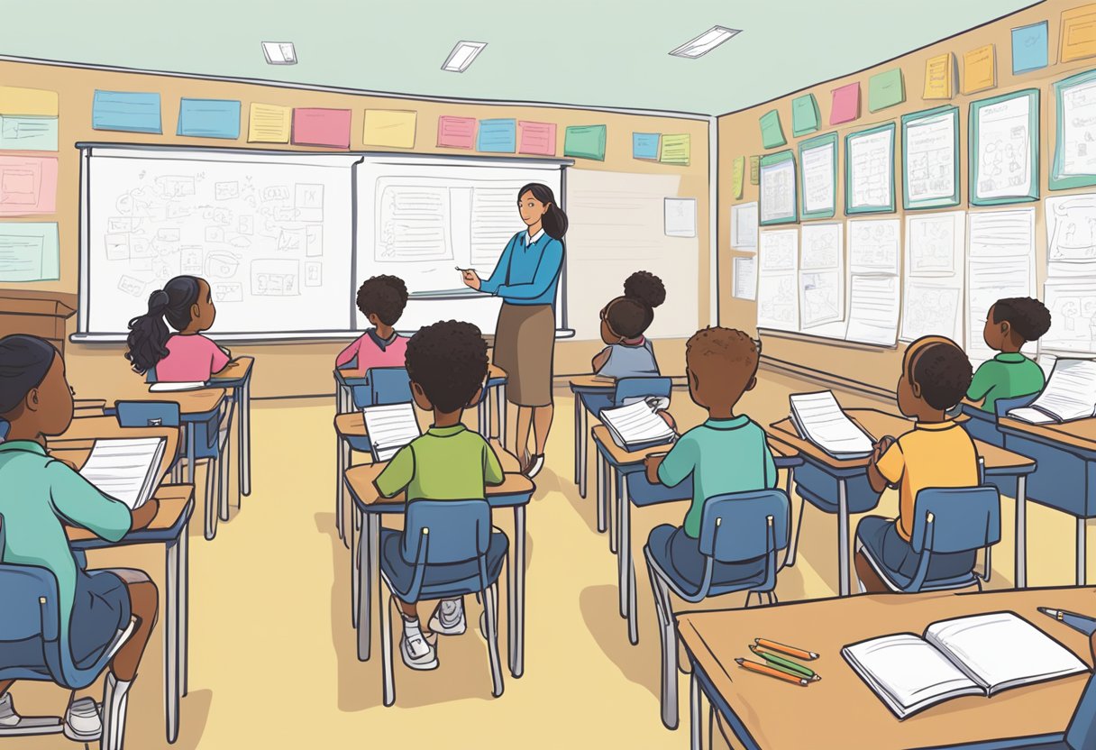 A classroom with students writing in notebooks, a teacher at the front writing fill-in-the-blank questions on the board, and posters on the wall with tips for effective recall and retention
