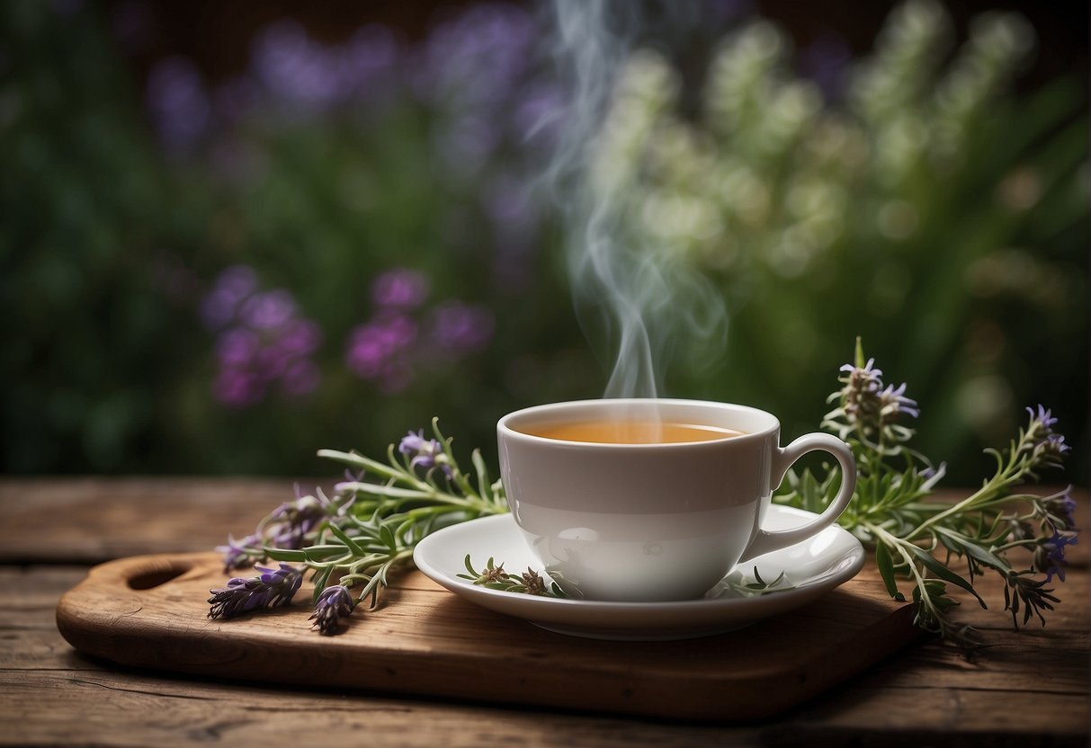 A steaming cup of hyssop tea sits on a rustic wooden table, surrounded by fresh hyssop leaves and delicate flowers