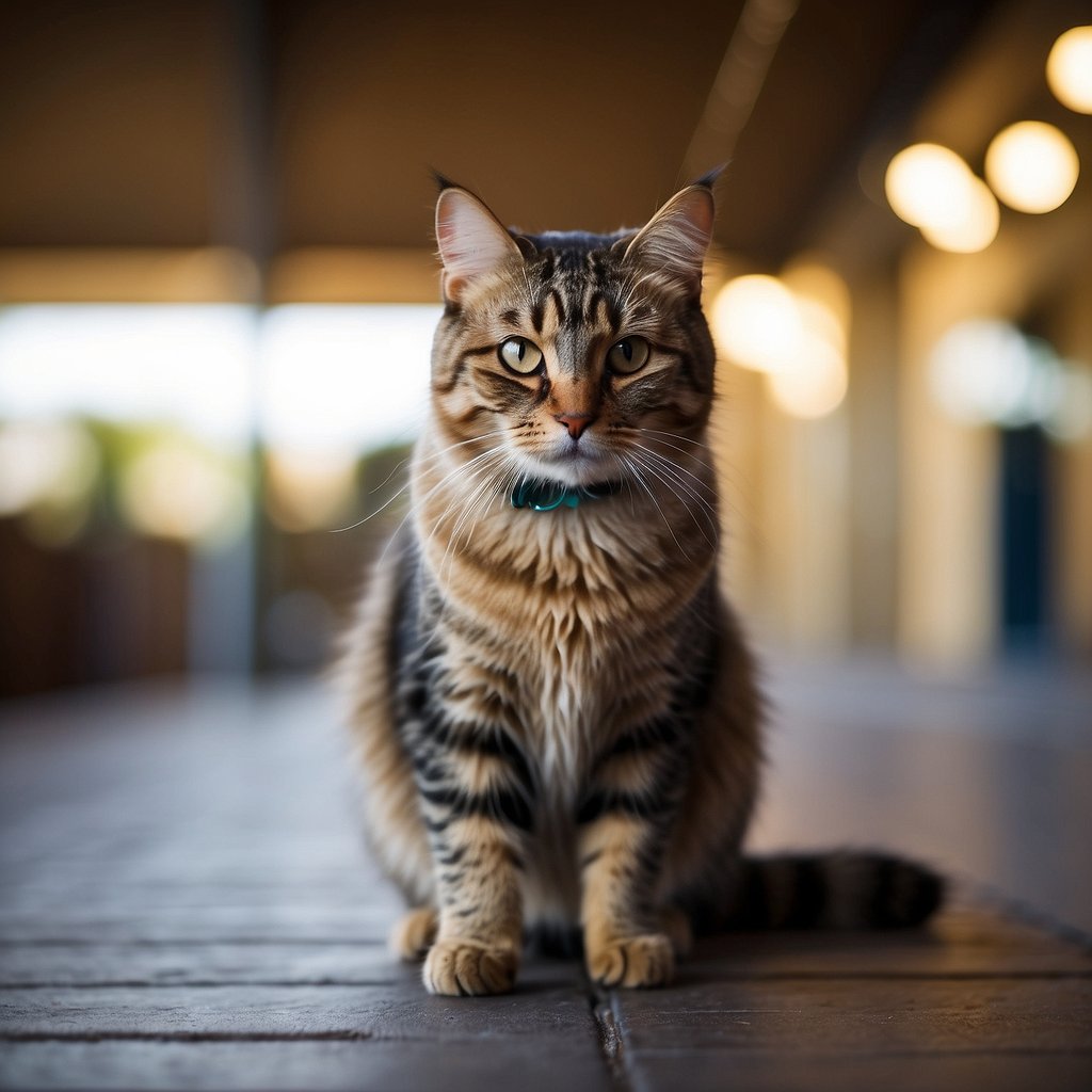 A cat sits attentively, following commands with ease.</p><p>Treats and toys are used for positive reinforcement.</p><p>The trainer is patient and encouraging