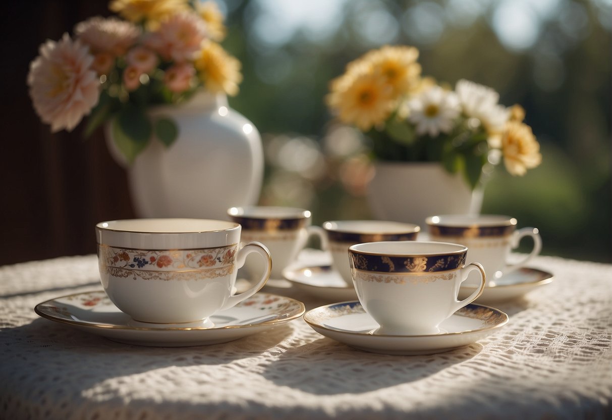 A table set with tea cups, saucers, and a stack of playing cards. A small vase of flowers sits in the center, and a gentle breeze rustles the lace tablecloth