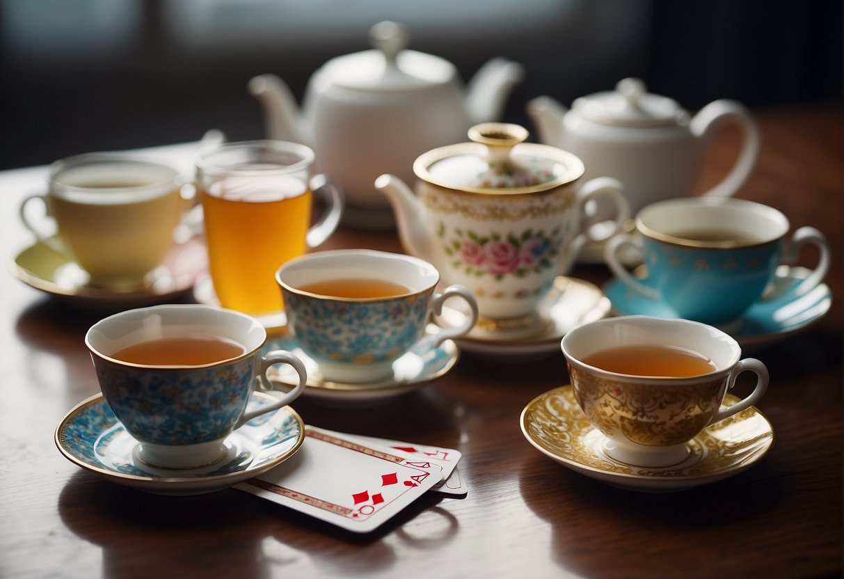 A table set with teacups, saucers, and a variety of tea flavors. A stack of colorful game cards and a small basket of prizes sit in the center