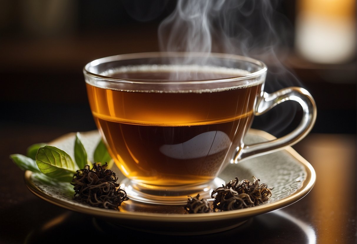 A steaming cup of Earl Grey tea sits on a saucer, emitting a fragrant aroma. The tea is a deep amber color, with a hint of bergamot and a subtle citrusy flavor