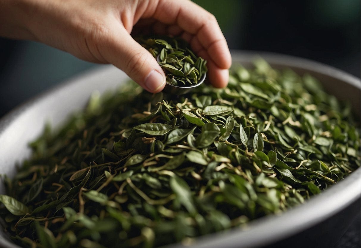 Lush green tea leaves being carefully selected and inspected for quality, with a focus on the vibrant color and fresh aroma