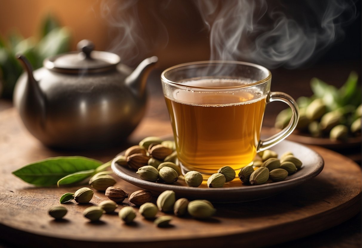 A steaming cup of cardamom tea surrounded by fresh cardamom pods and a label listing its nutritional components and health benefits