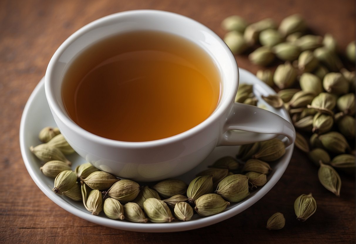 A steaming cup of cardamom tea sits on a table, surrounded by fresh cardamom pods and a loose leaf tea infuser. A tape measure and scale in the background hint at the tea's potential weight loss benefits