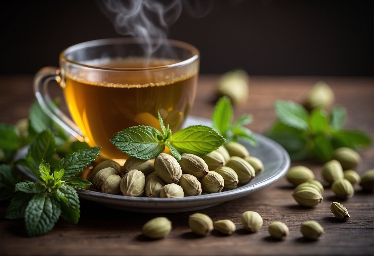A steaming cup of cardamom tea surrounded by fresh green cardamom pods and a sprig of mint leaves
