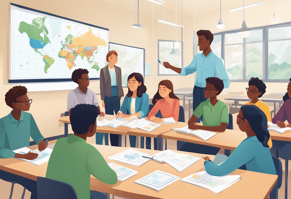 Students engaged in group discussions, using maps and charts to analyze historical events. Teacher observes and takes notes on student participation and understanding