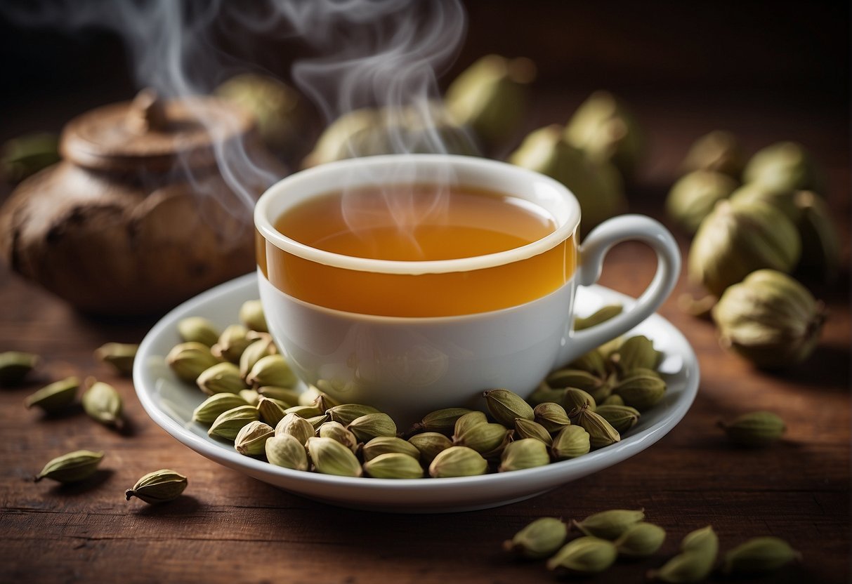 A steaming cup of cardamom tea surrounded by fresh cardamom pods and a cautionary label