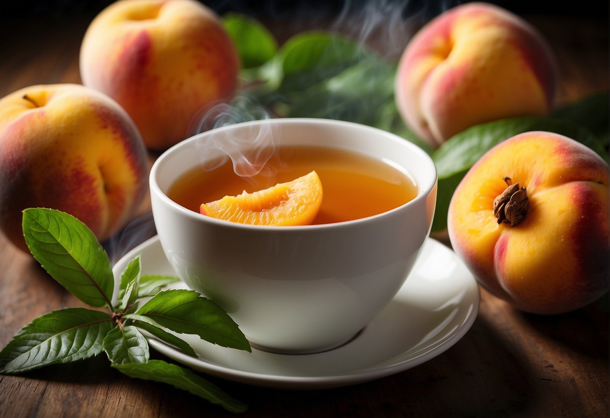 A steaming cup of peach tea surrounded by fresh peaches and vibrant green tea leaves, emitting a warm and inviting aroma