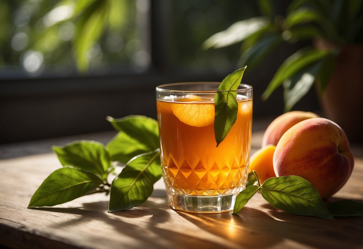 A glass of peach tea surrounded by fresh peaches, green tea leaves, and a radiant glow, symbolizing skin health enhancement benefits