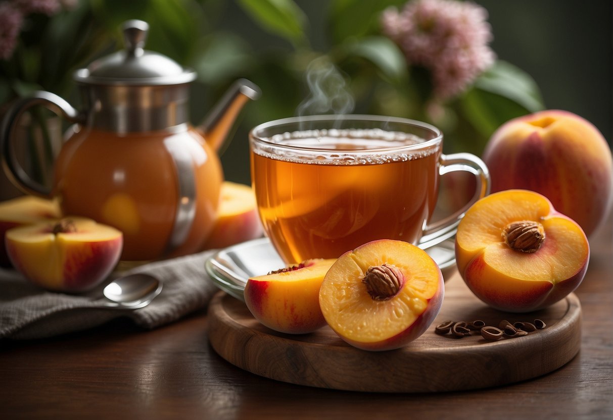 A steaming cup of peach tea surrounded by fresh peaches and a measuring tape, symbolizing weight management and metabolism boost benefits