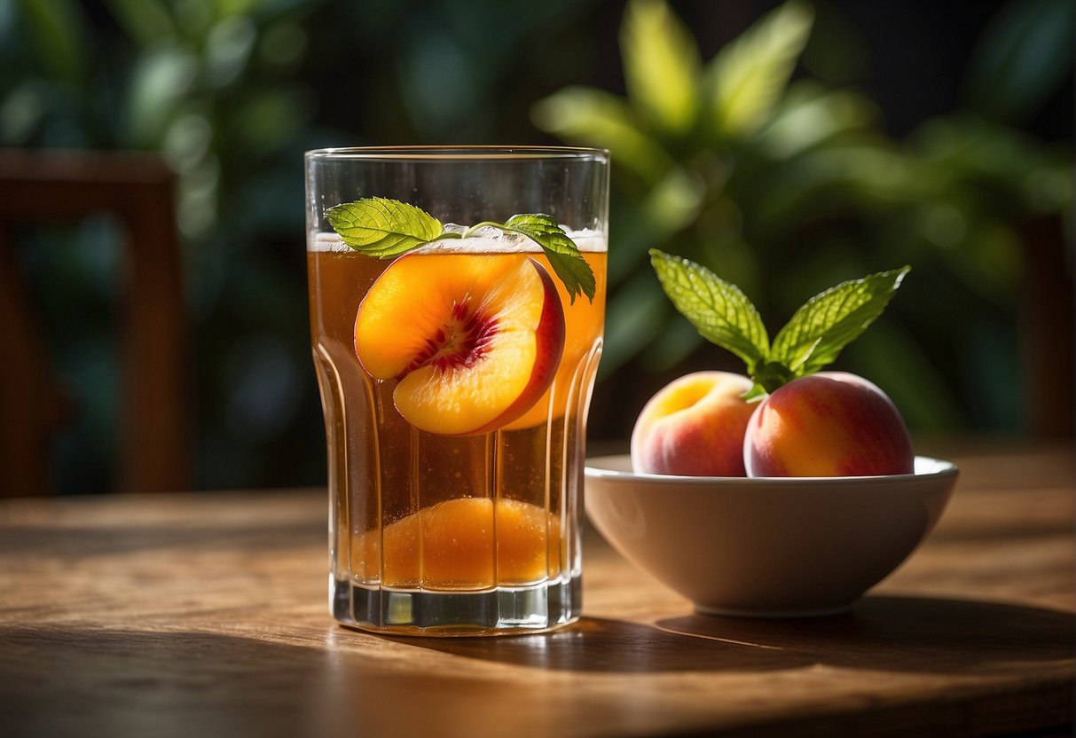 A glass of peach tea sits on a table with a slice of fresh peach beside it. Condensation glistens on the glass, and a sprig of mint rests on the rim