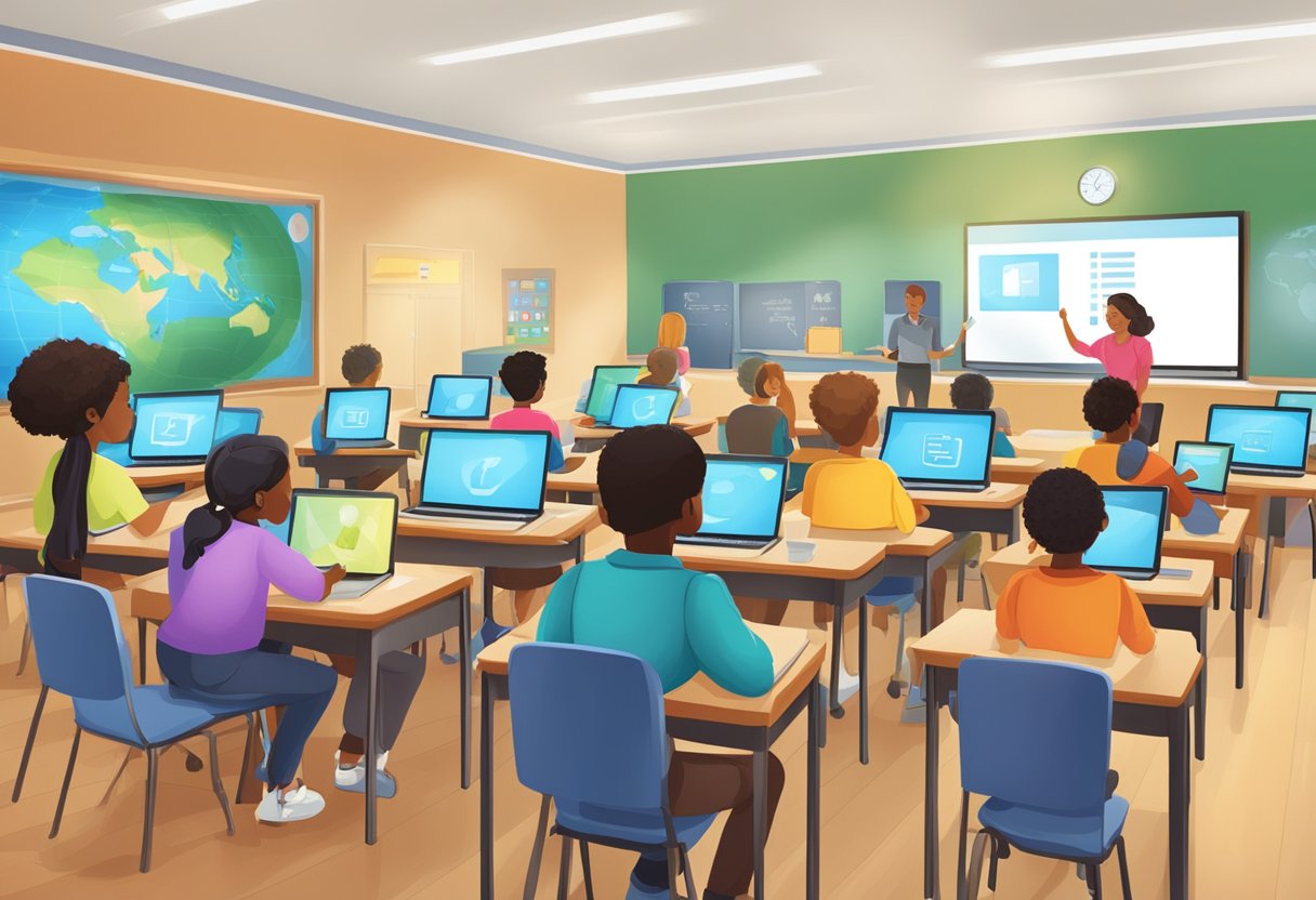 A classroom with students using digital devices to engage in interactive social studies assessments