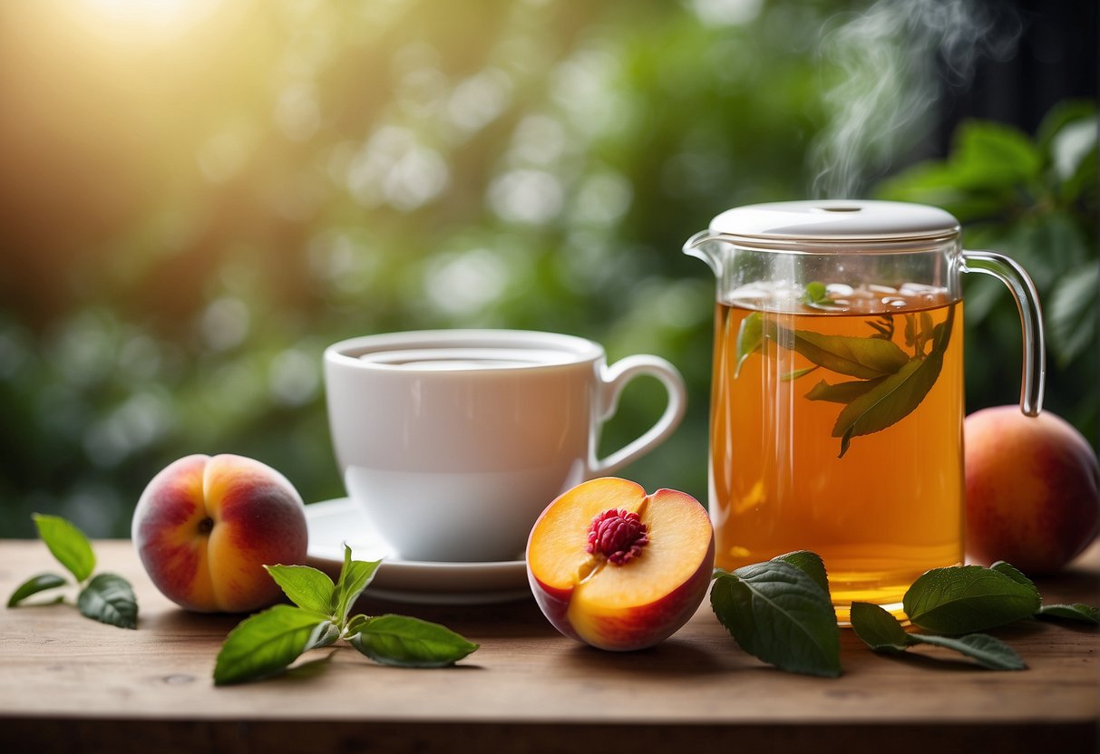 A colorful peach tea surrounded by various fruits and herbs, radiating a sense of vitality and wellness. The tea is depicted as a source of immune system support, conveying its health benefits
