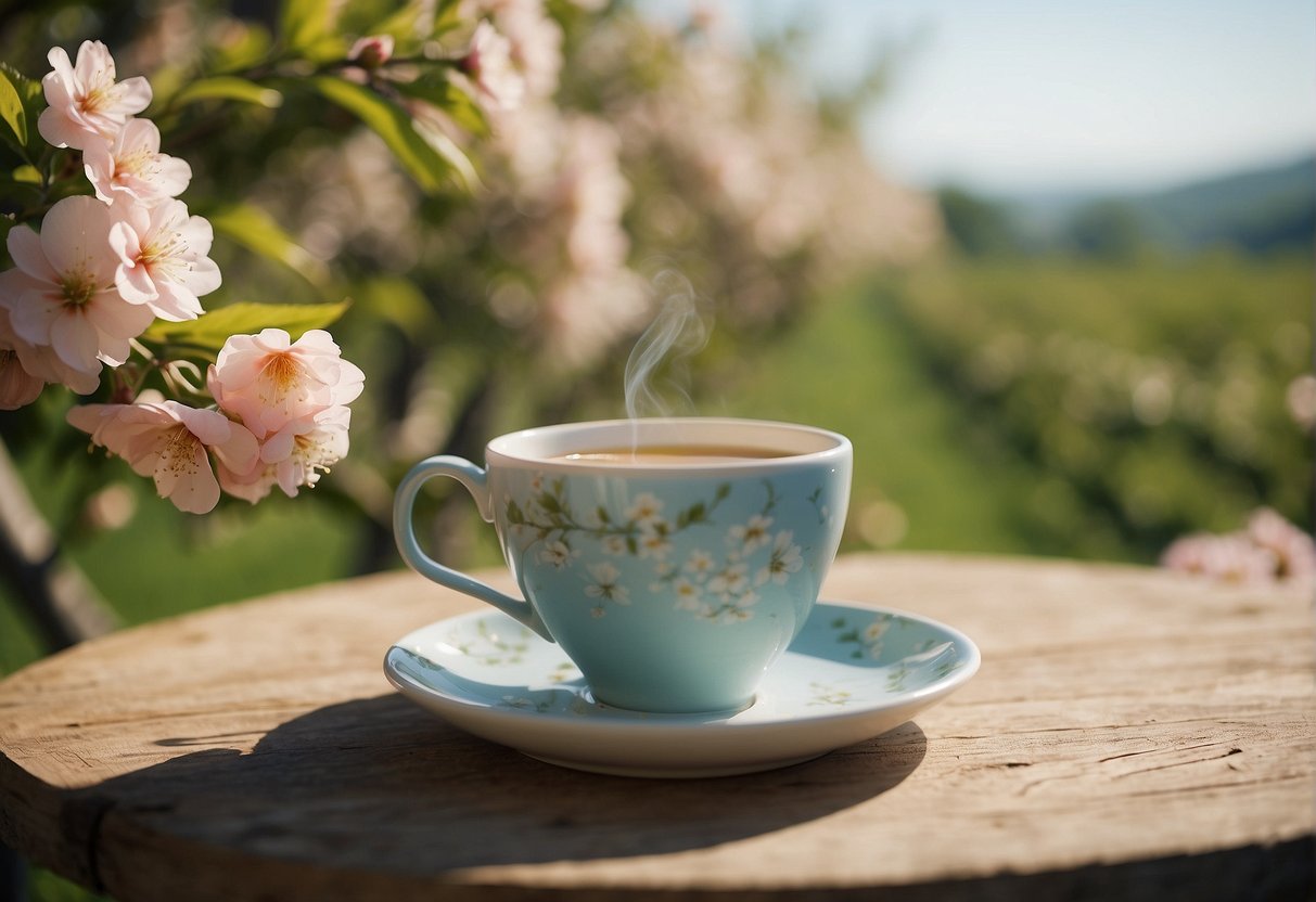 A serene peach orchard with a clear blue sky, a gentle breeze, and a cup of steaming peach tea surrounded by blooming flowers and lush greenery