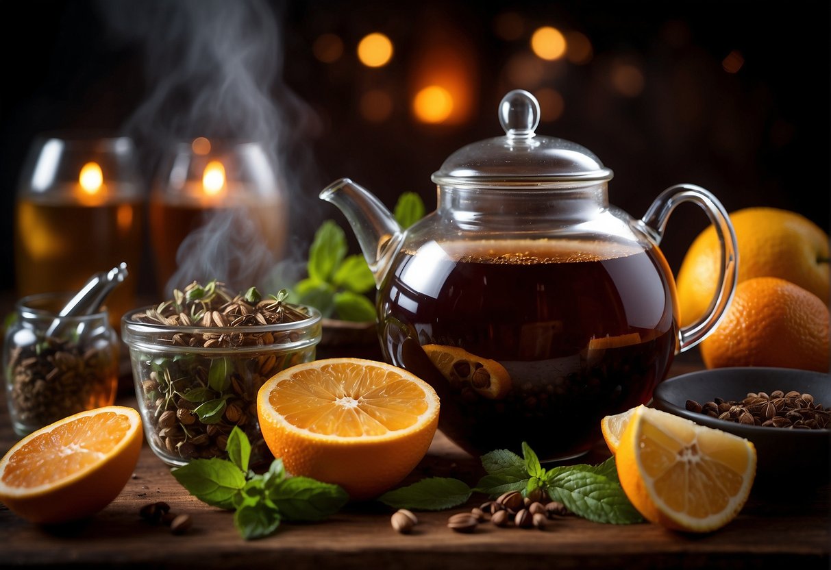 A teapot steaming with alcoholic tea, surrounded by various ingredients like fruits, herbs, and spices