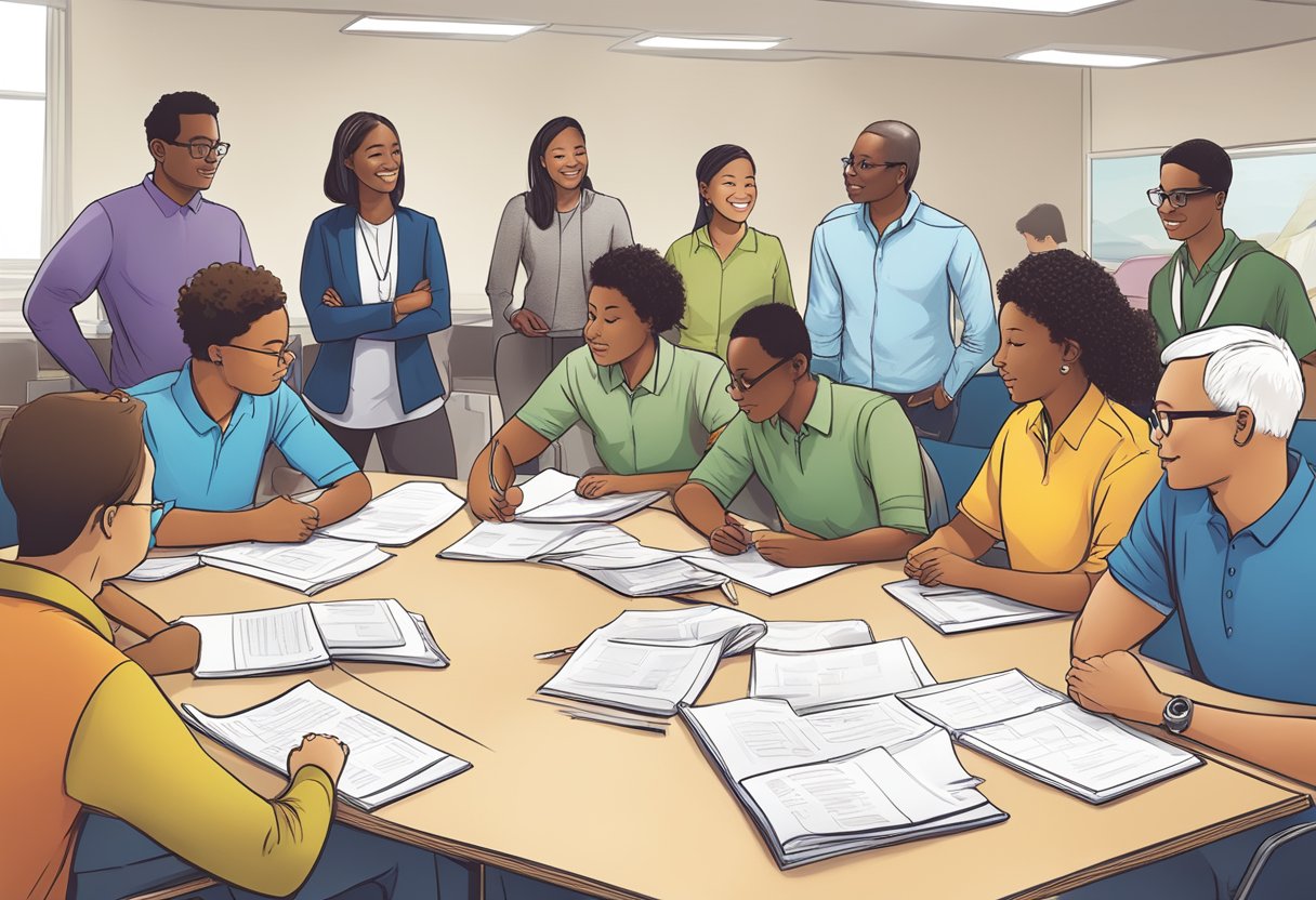 Social studies teachers engage in group discussions, review assessment tools, and collaborate on effective strategies for evaluating student learning