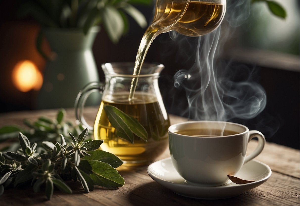 Boil water, add fresh sage leaves, steep for 5 minutes, strain, and enjoy a soothing cup of sage tea