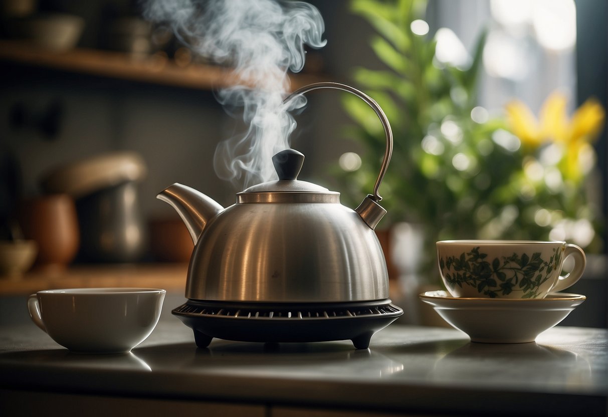 A teapot sits on a stove, steam rising from the spout. A timer reads 5 minutes as sage leaves steep in hot water
