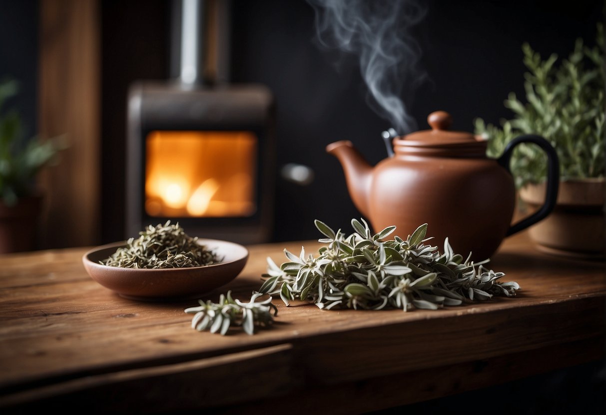 A hand reaches for a jar of dried sage leaves. A teapot sits on a stove, steam rising. A mug is filled with hot sage tea