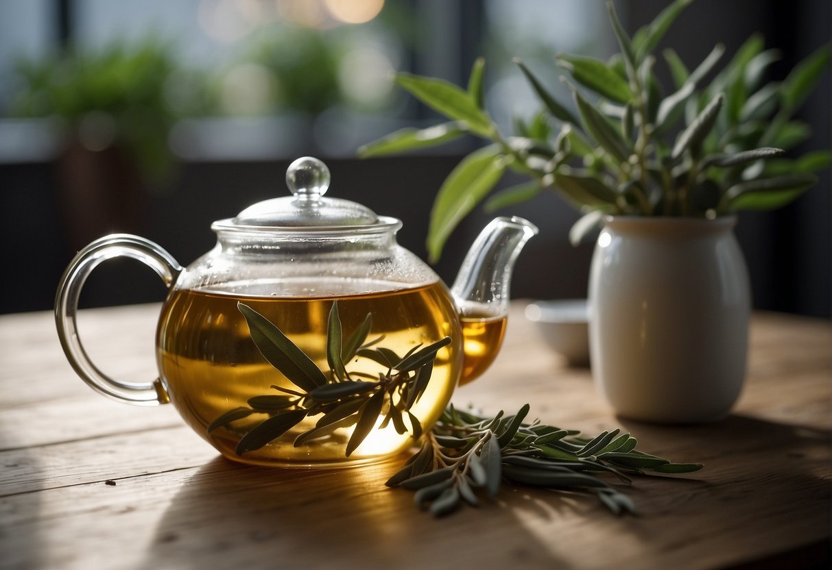 A teapot pours hot water over fresh sage leaves in a clear glass mug. A sprig of sage rests on the saucer next to the mug