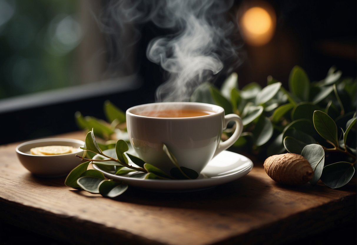 Steam rises from a hot cup of tea, surrounded by eucalyptus leaves and a bowl of sliced ginger. A warm, comforting atmosphere suggests relief from congestion