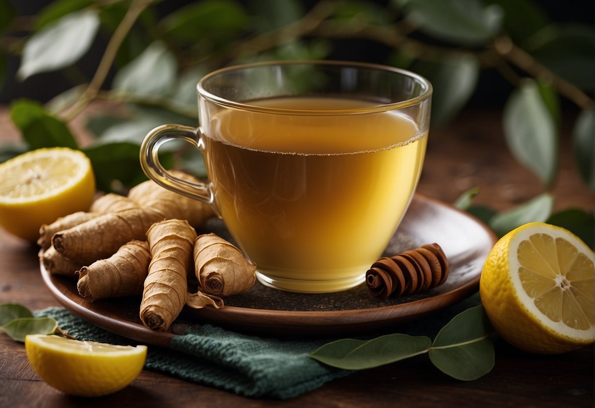 Steaming cup of ginger tea with lemon and honey, surrounded by eucalyptus leaves and a warm scarf