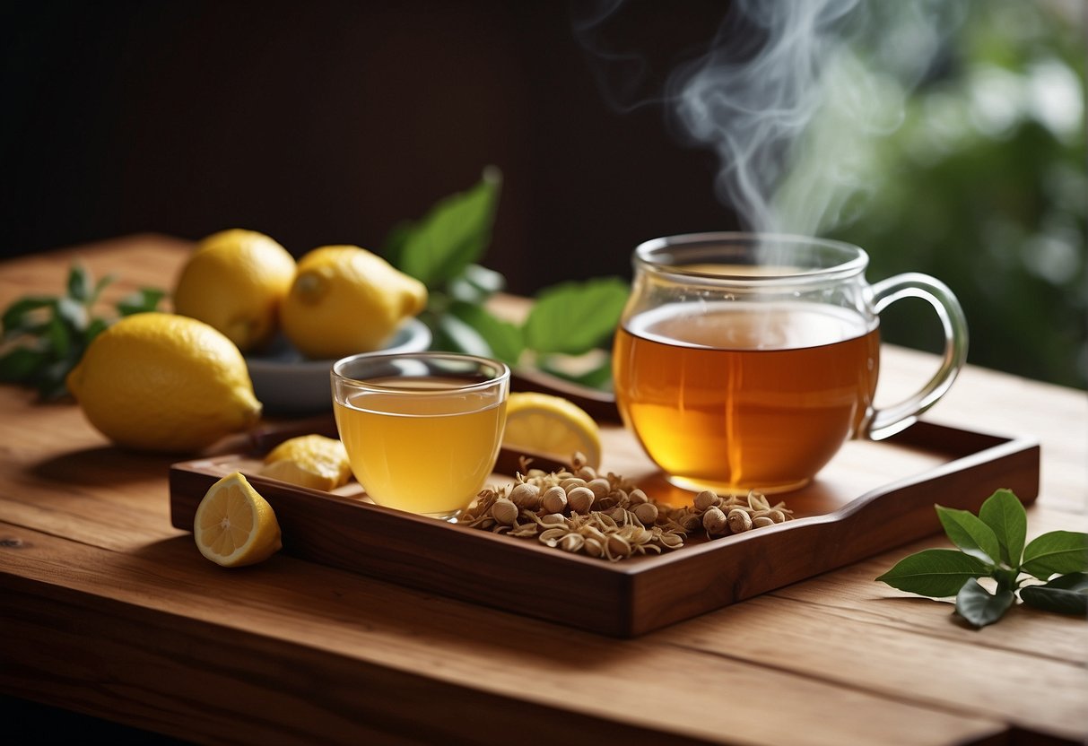 Steaming cup of herbal tea surrounded by fresh ginger, lemon, and honey on a wooden tray